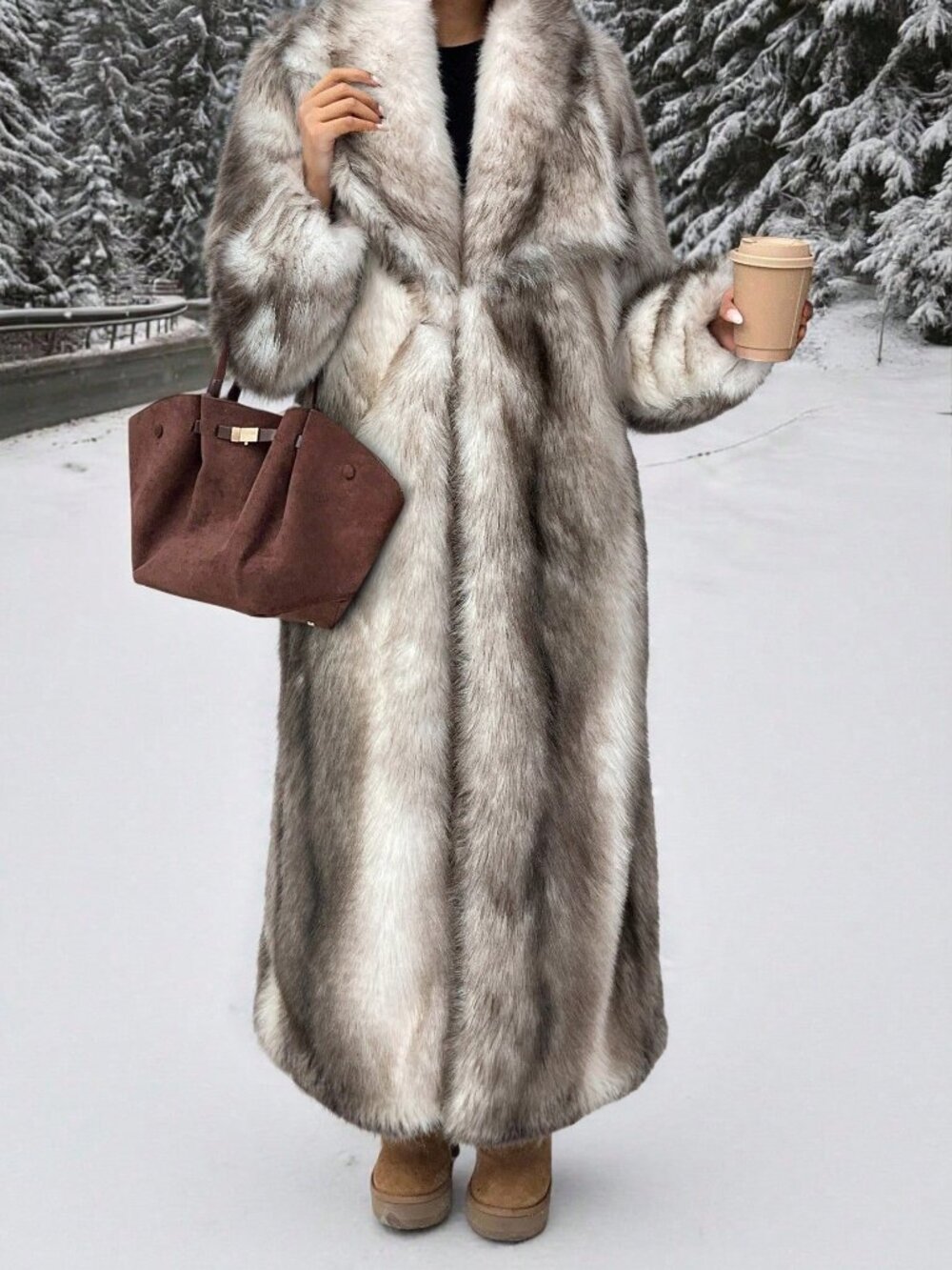 White Casual Women's Long Faux Fur Collar Coat - Picture 5 of 7